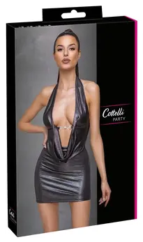 Cottelli PARTY Silver Mini Dress S - Shiny, Backless, Rhinestone Accent