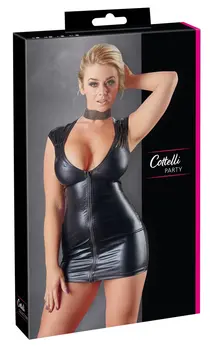 Cottelli Collection Wet Look Black Dress L with Two-Way Zipper