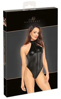 Noir Handmade Body Zip+Glitter XL, Black Powerwetlook, Rhinestone Collar