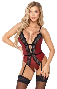 Abierta Fina Body Red/Black L, Elegant Lace Design, Detachable Chains