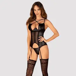 Obsessive Norides Wet Look & Lace Corsage Set XS/S Black Adjustable