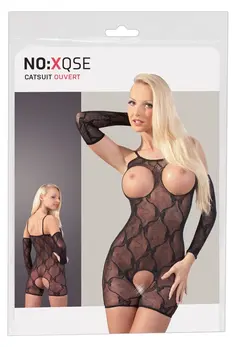 Cottelli Collection Black Lace Catsuit Shorts L/XL with Arm Gauntlets