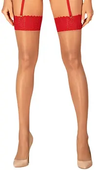 Obsessive Ingridia Lace-Trim Stockings XS/S Red, Semi-Sheer Finish