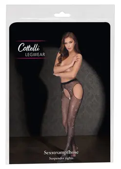 Cottelli Collection Sparkle Net Suspender Tights S-L, Rhinestone, Black