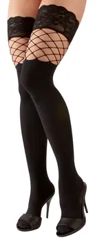 Cottelli Collection Hold-Up Stockings M/L Black Fishnet & Opaque Lace Top