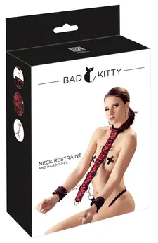 Bad Kitty Adjustable Satin & Lace Collar with Handcuffs - Red/Black