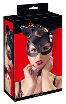 Bad Kitty Cat Mask Black Imitation Leather with Rhinestone Accents