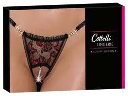 Cottelli Lingerie Lace String S/M with Removable Pearl Chain, Black-Pink