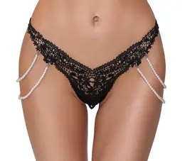 Cottelli Lingerie String S/M with Removable Pearl Chains, Black Lace