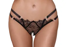 Cottelli LINGERIE Eyelash Lace String M/L with Rhinestone Rings, Black