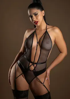 Svenjoyment Wetlook and Fishnet Bodysuit Black Adjustable Halter S/M