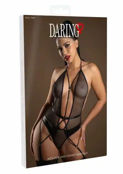 Svenjoyment Wetlook and Fishnet Bodysuit Black Adjustable Halter S/M