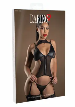 Wetlook Zipper Cami Garter Set Black - Adjustable Lingerie Set