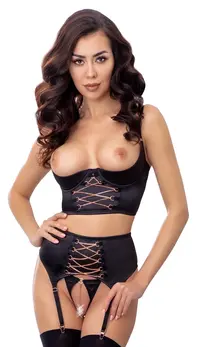 Abierta Fina Shelf Bra Set 85C/XL Black Satin & Rose-Gold Accents