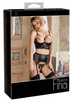 Cottelli Collection Shelf Bra Suspender Set 85C/L, Black & Red Lace, 3-Piece