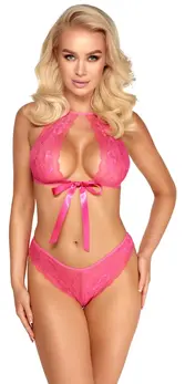 Kissable Lace Lingerie Set Pink L/XL - Soft Stretch Lace & Satin Bows