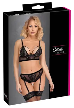 Cottelli LINGERIE Lace & Powernet Bra and Suspender Thong Set Black XL