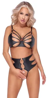 Cottelli LINGERIE Bra & Panty Set L - Black, Straps & Rose-Gold Rings