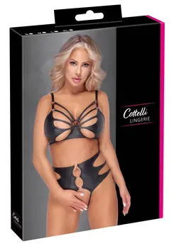 Cottelli Lingerie Bra & Crotchless Panty Set Black S Rose-Gold Rings