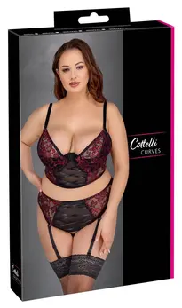 Cottelli Curves Longline Bra & Suspender Thong Set Black/Red 95E/2XL