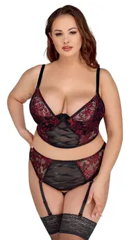 Cottelli Curves Longline Bra & Suspender Set Black/Red 90C XL