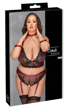 Cottelli Bondage Plus Lace Set XL - Longline Bra & Accessories, Black/Red