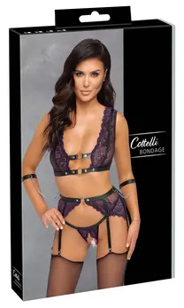 Cottelli Bondage Set L - Purple Lace Bra, Garter Belt & Wrist Cuffs