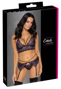 Cottelli LINGERIE Lace Trio Set L - Floral Lace Bra & Suspender Belt
