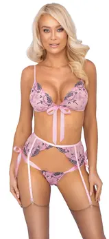 kissable Embroidered Floral Lingerie Set L/XL - Light Pink, 3-Piece