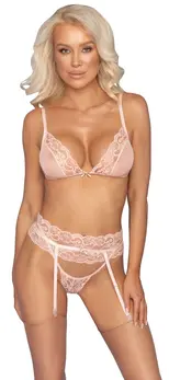 Kissable Rose L/XL Three-Piece Lingerie Set with Suspenders and Lace Details
