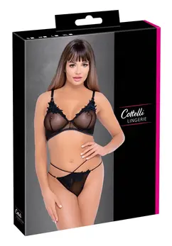 Cottelli LINGERIE Bra & Rio Thong Set XL Embroidered, Black-Gold Accents
