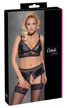 Cottelli CURVES Bra & Suspender Briefs 4XL with Removable Chains, Matte & Lace