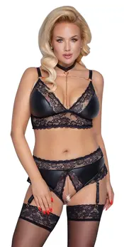 Cottelli CURVES Bra & Suspender Briefs 4XL with Removable Chains, Matte & Lace