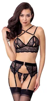 Abierta Fina Black Lace Lingerie Set L - Velvet Straps & Rose-Gold Accents