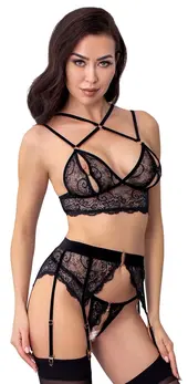 Abierta Fina Bra Set M Black Lace Velvet Trim & Rose-Gold Details