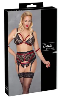 Cottelli Bondage Lace Set 3XL - Wireless Bra & Suspender Belt, Black/Red