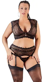 Cottelli Collection Lace Lingerie Set Black 2XL - Decorative Rhinestones