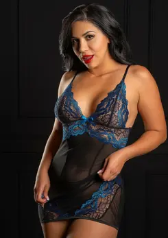 Daring Intimates Floral Lace Dress Royal Blue Adjustable Straps Set