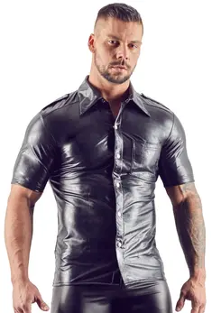 Svenjoyment Men's Black Faux Leather Shirt 2XL - Shiny Fitted Design
