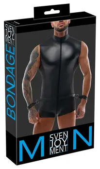 Svenjoyment Bondage Men's Matte Jumpsuit with Mesh & Wrist Cuffs, Size M