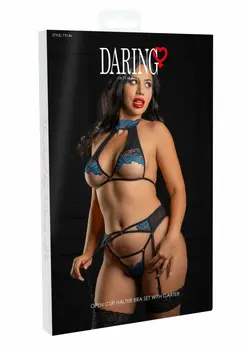 Daring Intimates Halter Bra Set with Garter Royal Blue Lace Adjustable