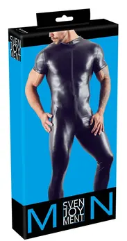 NEK Black Wet Look Men's Jumpsuit L - Shiny Stretch Fabric, 3-Way Zip