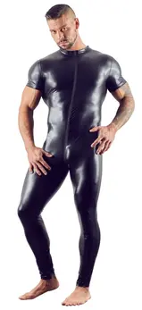 NEK Black Wet Look Men's Jumpsuit L - Shiny Stretch Fabric, 3-Way Zip