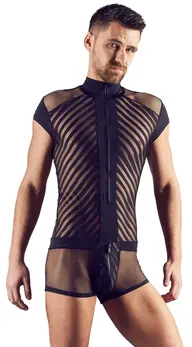 NEK Men’s Playsuit XL Black Mesh & Stripe, Front Zipper, Breathable Fabric