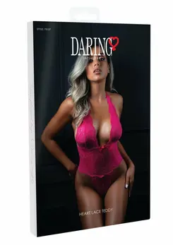 Heart Lace Teddy Deep Plunge Bodysuit with Heart Pattern & Satin Bows