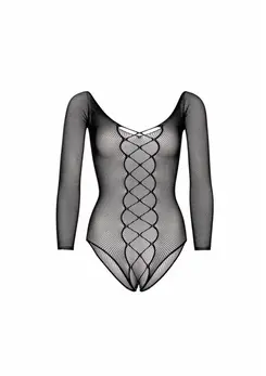 Dreamgirl Fishnet Crotchless Teddy with Faux Lace-Up Detail Black