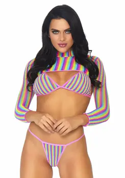 Leg Avenue Rainbow Fishnet 3-Piece Set - Bikini, String & Crop Top