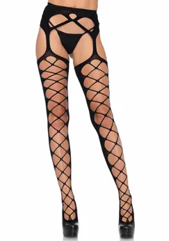 Leg Avenue June Diamond Net Opaque Stockings with Garter Belt Black