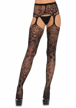 Leg Avenue Chelsea Floral Lace Stockings with Garter Belt Black One Size