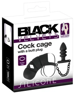 Black Velvets Silicone Intimate Cage Set with Grooved Plug & Chain 11.5cm